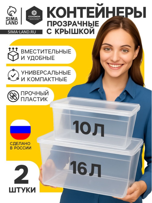 Ящики пластиковые для хранения, с крышкой, набор 2 шт.: 10 л, 16 л, прозрачно-матовый