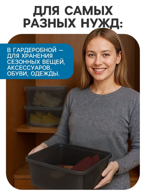 Ящик пластиковый для хранения, с крышкой, объём — 10 л, прозрачно-чёрный