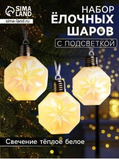 Набор ёлочных шаров «Изморозь», 3 шт., d=7.5 см, 3 LED, от батареек AG13×9, свечение тёплое белое
