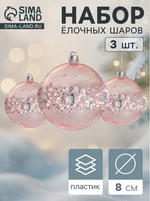 Ёлочные игрушки «Эйдонс», шары новогодний, d=8 см, набор 3 шт., розовый