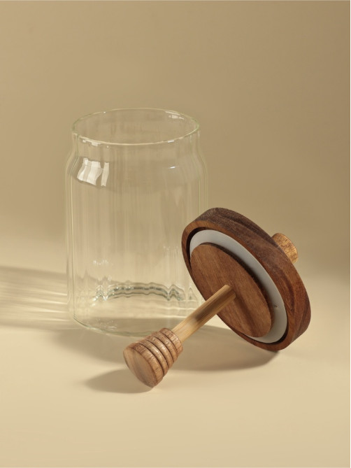 Банка для мёда SL Home «Южная акация. Дольки», 450 мл, 9×16 см, с крышкой и ложкой из акации, стекло, прозрачная